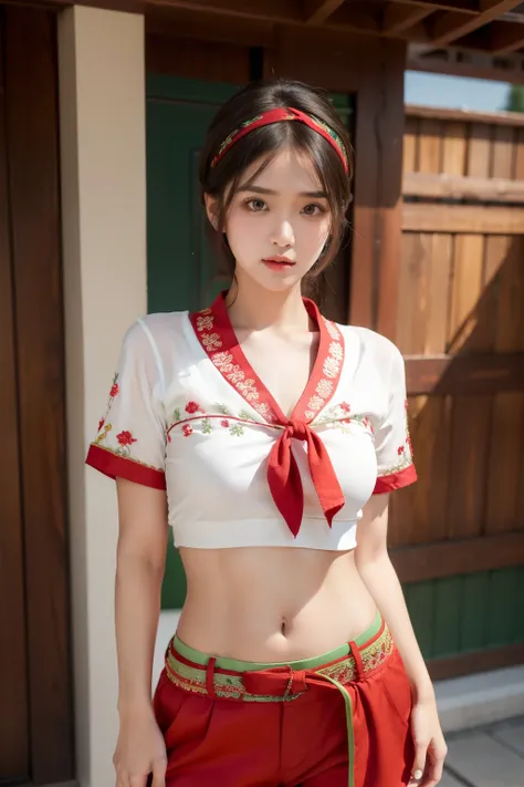 
Cute girl, Shawl and headband, Brown eyes, Red short-sleeved shirt, Short green pants, big breasts, Decorations and embroidery on clothes, Black belt, exposed stomach
