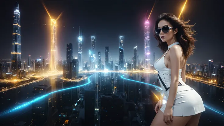 aerial view. Estilo: arte conceitual. A cena: Futuristic cityscapes with all-glass towering skyscrapers, flying vehicle, 1drone. OLED GUI interfaces in the building, The windows are filled with (transparent data visualization infographics) that show it all...