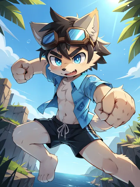 score_9,score_8_up,score_7_up, source_cartoon, source_furry, Furry shota, young, wolf, black hair, long spiky large ponytail, blue eyes, detailed body fur, ((goggles, blue hawaiian shirt, open clothes, black swim trunks)), looking at another, fangs, clear ...