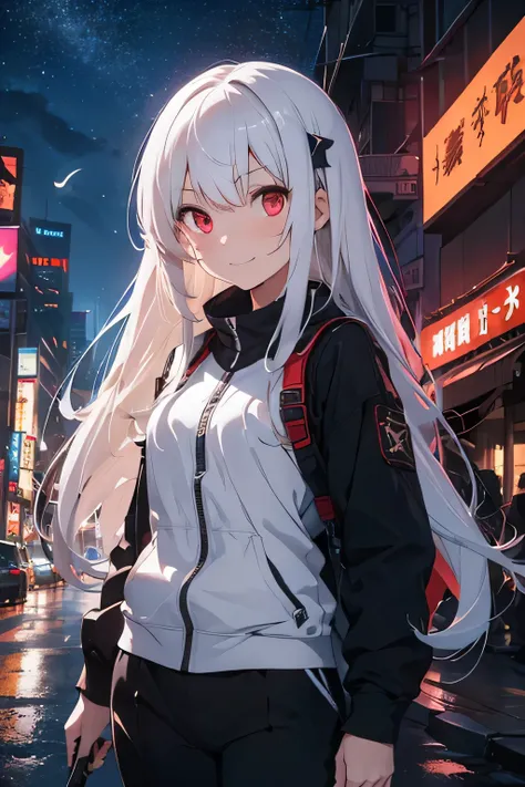 best quality, a girl, , gunblade user, mech, fair skin, red eyes, white hair, long hair, fighting, grinning, suit, young adult, in the city, with a crescent moon, surrounded by stars and stardust, cyberpunk, from front, glitch-noise