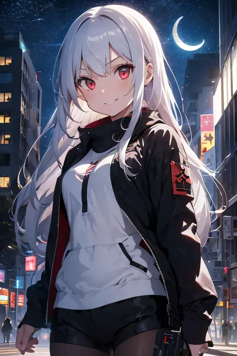 best quality, a girl, , gunblade user, mech, fair skin, red eyes, white hair, long hair, fighting, grinning, suit, young adult, in the city, with a crescent moon, surrounded by stars and stardust, cyberpunk, from front, glitch-noise