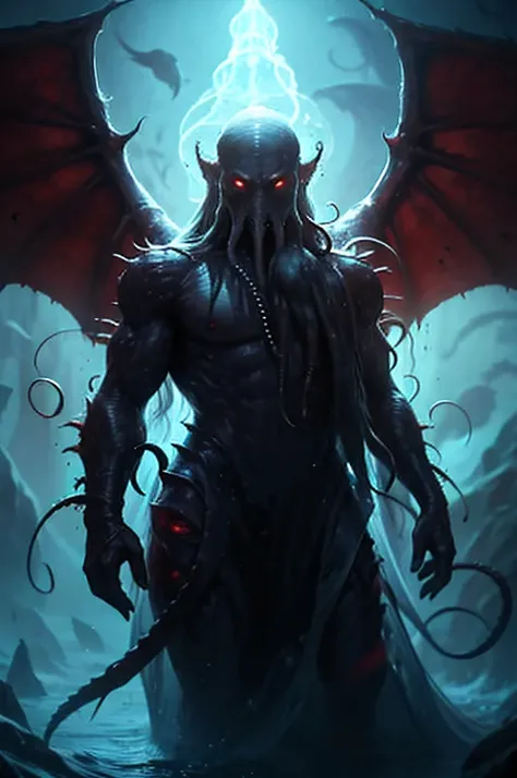 chtulhu, the awoken god, draped in human skin as clothing. h.p. lovecraft inspired beeing fom the book necronomicon and other lovecraftian stories. human like body, scary big and longer octopus head with tentacles and fish eyes on sides and mouth with many...