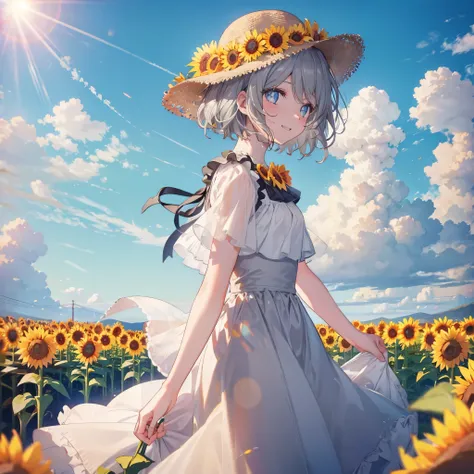 ((((Frilly clothes Sunflower field)))) (((Gray Hair short hair blue eyes woman profile View sunflowers))),((Blowing in the Wind sunlight sun cloud)),(Wearing a hat Beige clothes smile), Showing teeth Shining Background Shining Edges
