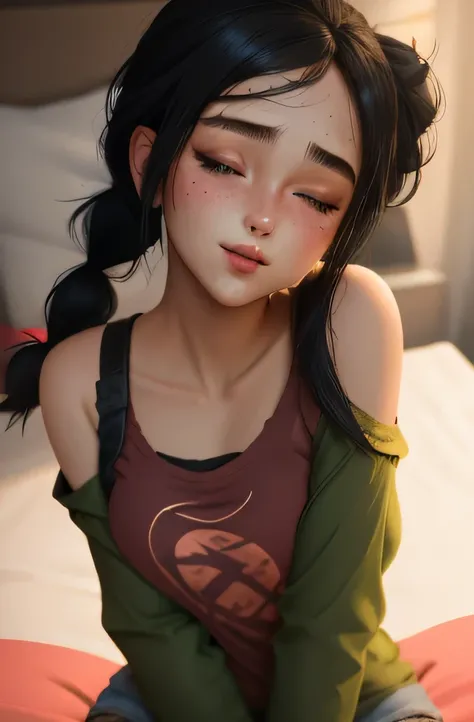 Amazing portrait of a sexy woman with her black hair in a single braid having a long forehead with seductive eyes and her lips parted smiling with the deepest blush wearing an off shoulder olive green t shirt and blue short shorts lying on the bed being ve...