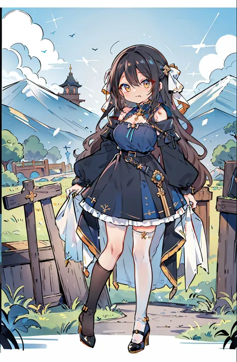 (masterpiece:1.2), (high quality:1.2), hui xiyi, rekkyo sensen, rekkyou sensen, (full body, chibi girls:1.45), solo focus, girls with((black hair, tits cleavage, exposed breasts, breasts close up, dress, (blue clothes:1.3), ribbon belt, off-shoulder sleeve...