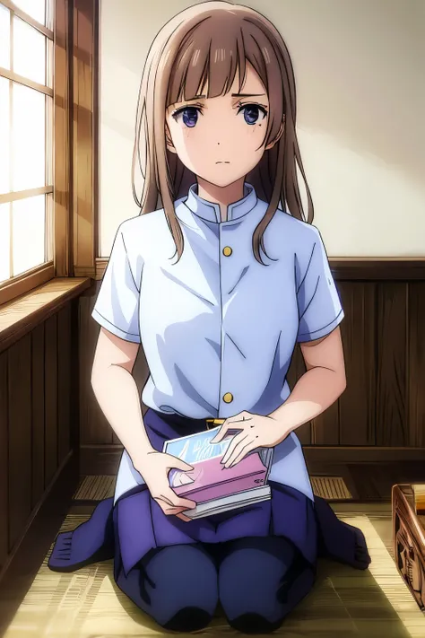 Brown hair, lilac eyes, jujutsu blue uniform