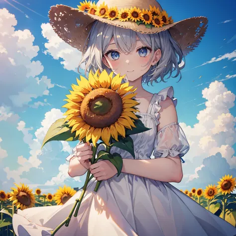 ((((frilly clothes　sunflower field))))　(((gray hair　short hair　blue eyes　woman　profile　view sunflowers)))，((blowing in the wind　...