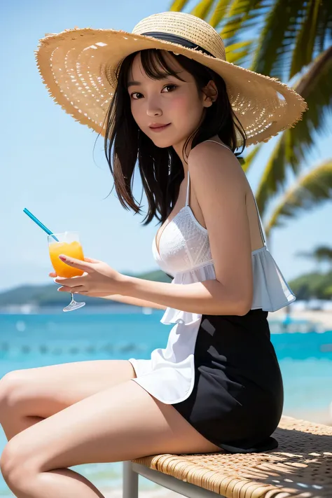 (High Definition), One Girl, Japan Person, Cute, Black hair long, Wearing Summer Dress White, exposing front zipper bra-top Baby-blue, Big straw Hat, leaning Side table, Walking on Board walk at Beach Side, looking side glance, spread legs, show woman shap...