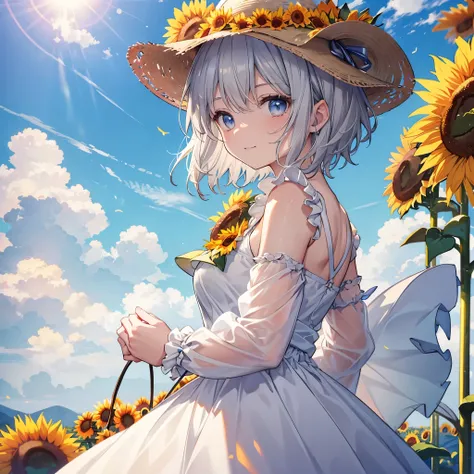 ((((Frilly clothes Sunflower field)))) (((Gray Hair short hair blue eyes woman profile View sunflowers))),((Blowing in the Wind sunlight sun cloud)),(Wearing a hat Beige clothes smile), Showing teeth Shining Background Shining Edges
