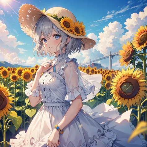 ((((Frilly clothes Sunflower field)))) (((Gray Hair short hair blue eyes woman profile View sunflowers))),((Blowing in the Wind sunlight sun cloud)),(Wearing a hat Beige clothes smile), Showing teeth Shining Background Shining Edges