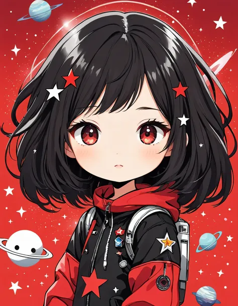 Black Star Red and White style, Simple Line Initialism，Abstract art，Kawaii Design, The most beautiful girl of all time, chibi, Space Exploration, Cute Aliens