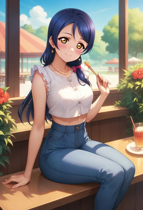 Masterpiece, best quality,Solo, cowboy shot,Sonoda umi love live, crop top,high waist pants, day,golden eyes,(blushing:1.2),restaurant , sitting, leaning over table 