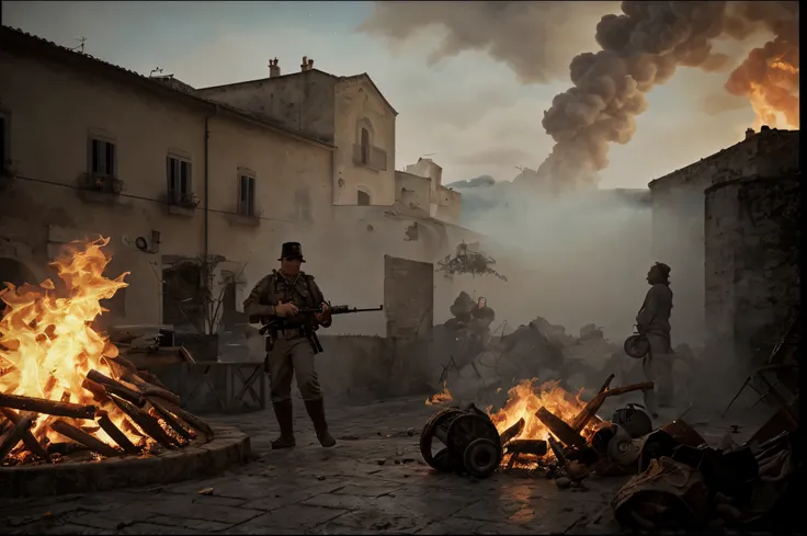 battle-siege, in sassi_di_matera, Italian town, [The character (complete) is surrounded by mist, evoking a mysterious and eerie atmosphere. The lighting is dark and atmospheric, with a red smoke adding a touch of sinister ambiance. Best quality image, with...