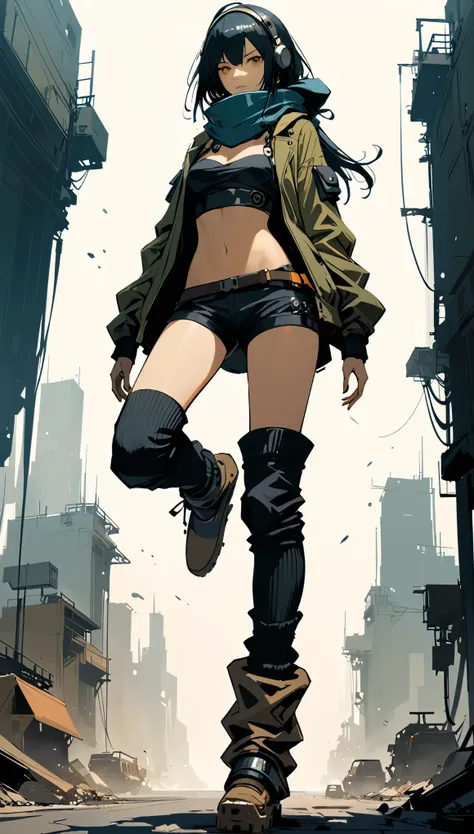 in style of Ashley Wood, character concept design, legs，fullbdoy shot,(((oversize leg warmers))),wide angle, form below,