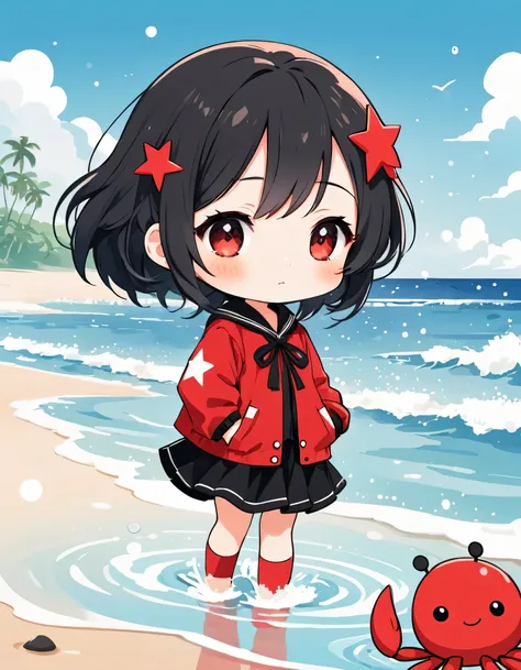 Black Star Red and White style, Simple Line Initialism，Abstract art，Kawaii Design, The most beautiful girl of all time, chibi, The background is the beach, Water Play, cute crab