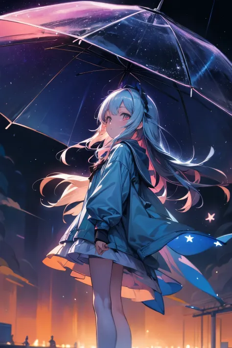 ((Best quality)), ((masterpiece)), (detailed), Anime girl, аниме night sky, stars, full length, poor lighting, neon light, rain, child, night sky, stars