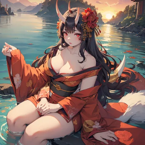 ((((((Solo)))))), ((pale girl)), oni horns, horns attached to forehead, (((red floral kimono))), ((kimono off shoulder)), long black hair, (beautiful red eyes), (sitting by water), looking up at viewer, (sunset),  (((mature woman))), (((mature))), ((large ...