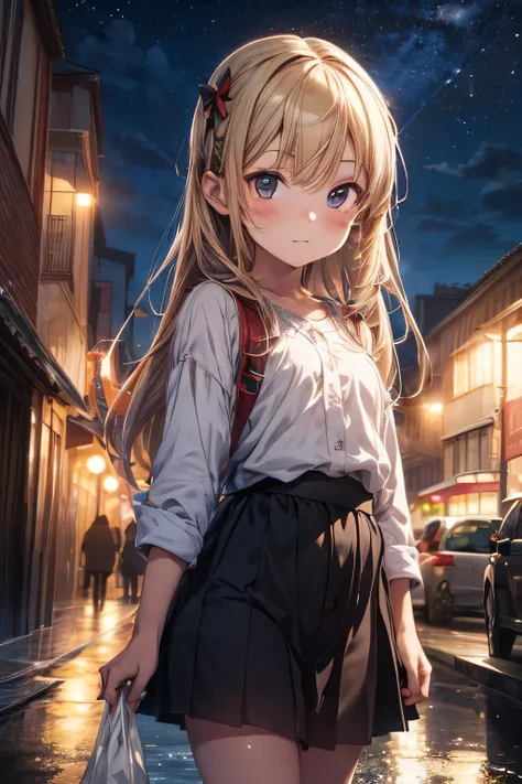 ((Best quality)), ((masterpiece)), (detailed), Anime girl, аниме night sky, stars, full length, poor lighting, neon light, rain, child, night sky, stars