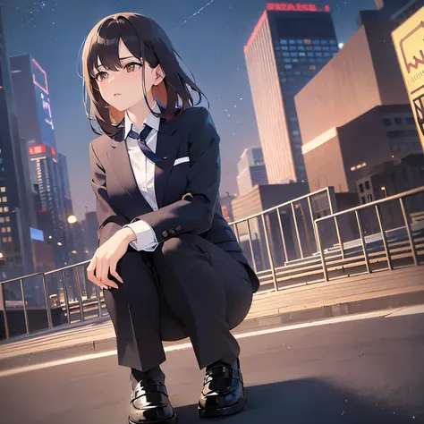 (looking away:1.5),full Body, Realistic, real person, (pale skin: 1.2), RAW photo, photorealistic, shiny skin, shiny hair、 (A 25-year-old woman with bob hair and bangs) and (wavy hair) and (brown hair) and (Orange Eyes)、(business suit:1.5)and (Wearing a wh...