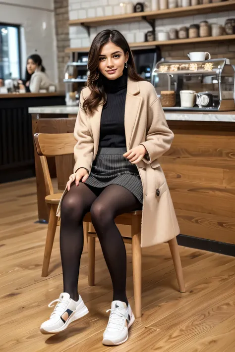 high quality,16K:1.1),(, women sitting on chairs in a coffee shop）、Full Body Shot:1.2),(),bionde、ear piercing、smile、Beautiful teeth alignment、((coat、sweater、Knee-length skirt、tights、sneakers)), ,(View your audience:1.3),Coffee shop in the background
