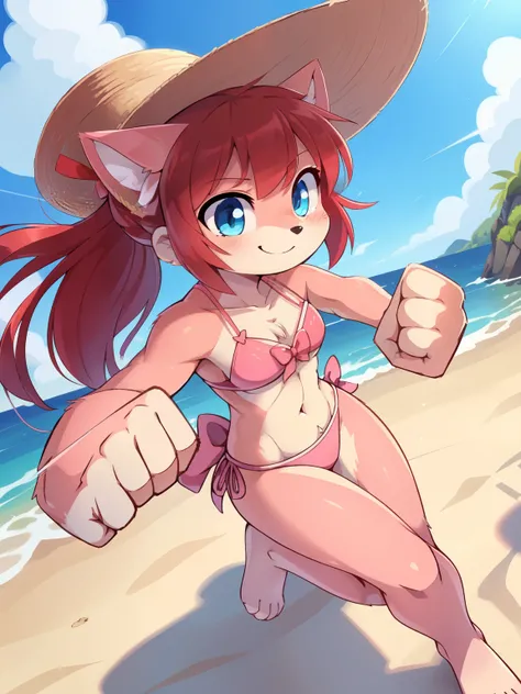 score_9,score_8_up,score_7_up, source_cartoon, source_furry, furry girl, cat, red hair, Knight bangs hairstyle, long ponytail, anime style, medium breasts, blue eyes, ((bright pink bikini Bandeau with bow in the center, side bows at the bottom, Sunglasses ...