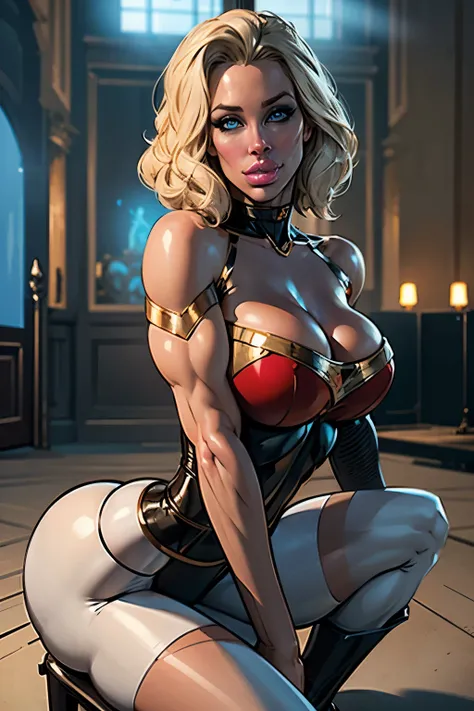 1girl, ((Shantel VanSanten)), portrait in Justice League style, 24 y.o. woman, "Platinum blonde hair styled in loose waves" + "Short hair" + "Bright blue eyes" + "Fair, flawless skin" + "Voluptuous, curvaceous figure" + "Large, perky breasts:1.9" + "Round,...