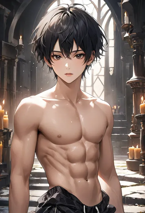 high quality, detailed, Realistic, (19 years old japanese idol boy), (detailed black eyes), (black short hair), (abs:1.5), (shiny skin), dungeon, (tiny thong), (bulge:1.2), candle, (detailed nipples), detailed areola,