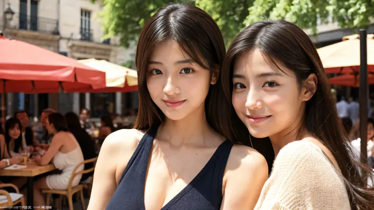 Ultra-realistic、High resolution、High resolution 8K photorealistic images。Scenes of Japanese sisters who look completely different。My sister is big, Beautiful Face, Long black hair.、Kind eyes、Elegant atmosphere。my sister is short、Has short brown hair.、Livel...