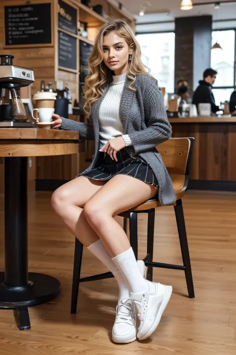 high quality,16K:1.1),(, women sitting on chairs in a coffee shop）、Full Body Shot:1.2),Blonde Hair、Wavy Hair、ear piercing、smile、Beautiful teeth alignment、((coat、sweater、Knee-length skirt、socks、sneakers)), ,(View your audience:1.3),Coffee shop in the backgr...