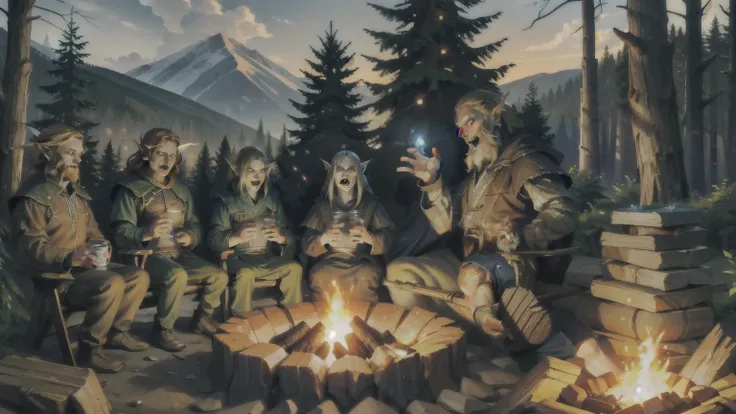 create an image of a group of people camping in a forest around a campfire. the group is diverse, made up of different fantasy r...