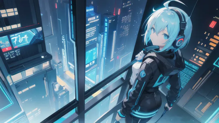 Back alleys of a futuristic high-tech city，Skyscraper gap，A strong-willed girl wearing a down jacket，Black short hair，Light blue headphones，Blowing up a gum balloon，Photo of the draw，Shooting from a distance，Take an aerial shot from slightly above，Highest ...