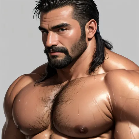 (highest quality:1.5), (masterpiece:1.5), (Japanese:1.1), crew cut, macho, huge body, 46 years old, close-up bust, topless hairy body, wet body, (The skin is clearly transparent:1.1), grey background