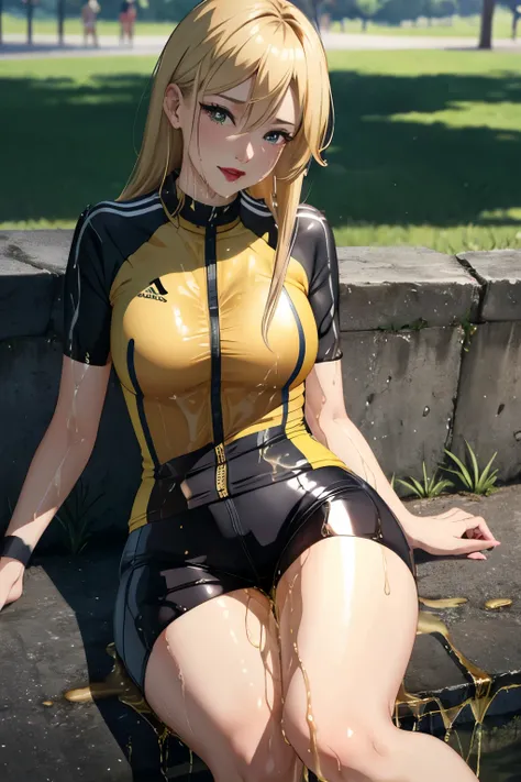 anime, best quality, high quality, highres, beautiful women, tanned gyaru, blonde hair, high detail, good lighting, lewd, hentai, (((shiny cycling outfit))), ((wet clothes)), ((soaking wet)), ((wetlook)), bare thighs, nice legs, (((wetting herself))), (((p...