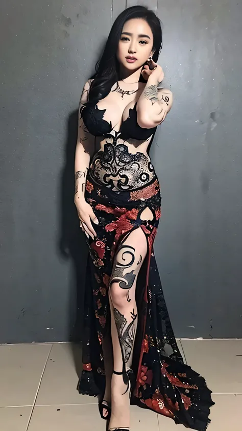 A beauty girl with tattoos on body, Wearing kebaya dress, beautiful art tattoo detailed, ((text tattoo on her body:LOVE)), detailed beautiful eyes, big breast, realistic 