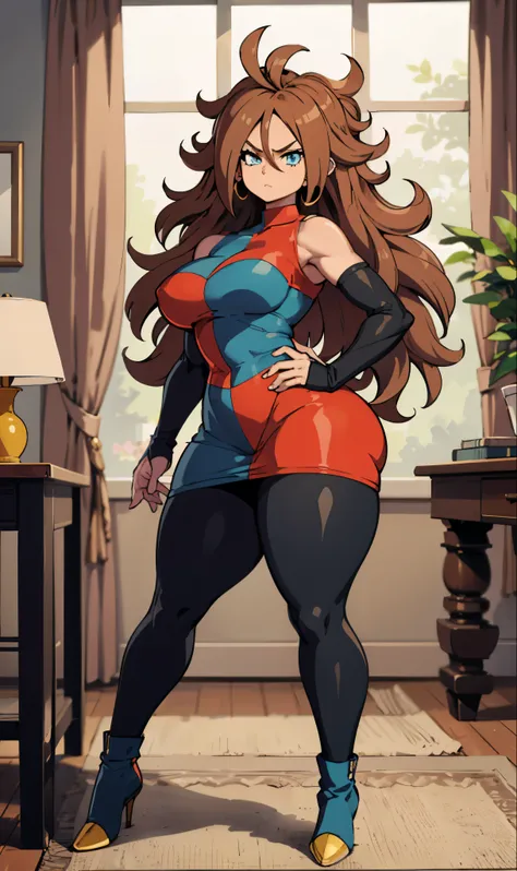 android 21, cups, pose lateral, She is sideways to the spectator, long brown hair, blue colored eyes, plaid dress, pantyhose, looking to the side, pose lateral, standing, ele está standing, serious, legs spread open, livingroom, light bulb, high qualiy, wo...