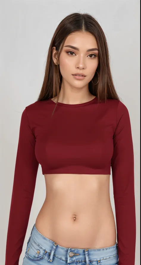 A closeup of a woman wearing a red shirt and jeans, usando um top cropped sexy, top cut, top cut, wearing top cut, manga larga cropped, wearing a cropped top, long sleeves, wearing a cropped tops, close-up of the upper body, wearing a top cut, half body cu...