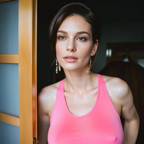 tthere is a woman standing in a doorway wearing a pink tank top, a portrait of a 40 year old woman, perfect mouth, perfect face.

Woman, ((Masterpiece, best quality)), full body view, detailed skin, highly detailed, cinematic lighting, ultra realistic, dar...