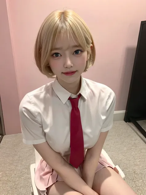 One person、11 years old、Full body photo,slender、woman、White drool coming out of the mouth、smile、、Blonde、Short Bob Hair、 Fair skinned and super cute、Soft and Face、8K resolution、Surreal、Ultra high definition、 A-cup small breasts（（Highest resolution、8K、master...