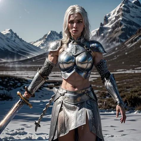 (masterpiece, photorealistic:1.4, extremely intricate:1.3), (photon mapping, radiosity, physically based rendering, ultra resolution, hyper-realistic, 8K), gigantic mature female bodybuilder frost giant, long braided [silver hair:blonde hair:0.6], ((((((ON...