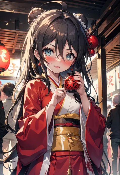 Shana,灼眼のShana,Long Hair, Redhead, Red eyes,Ahoge,smile,blush,Open your mouth,Hair Bun, single Hair Bun,blush,Red Kimono,Thick sleeves,Red long skirt,日本のfestival,夏festivalの屋台,Red lantern,　　　　　　　　　　　break looking at viewer, Upper Body,  　　　　　　　break outdoor...