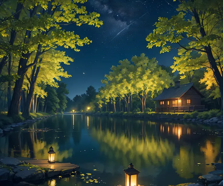 A serene midnight landscape, a tranquil river reflecting the starry night sky, lush green foliage along the riverbanks, a wooden dock or pier extending into the calm waters, a crescent moon casting a soft glow, fireflies dancing in the air, a sense of peac...