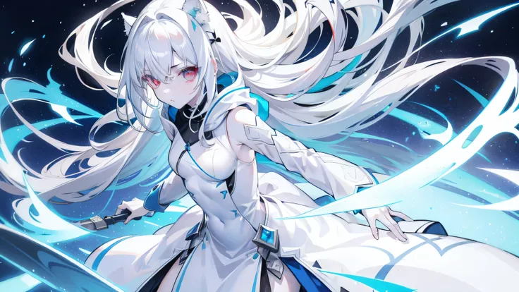 Pale skin, White hair, Blue hoodie, Tails, Solo,{{Best quality}}, {{Masterpiece}}, {{Ultra-detailed}}, {illustration}, {Detailed light}, Red eyes,Long hair，thin dress.