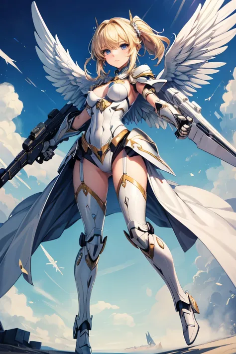 masterpiece,Highest quality,Very detailed,Angel fighting in the air,Heavily armed,Blonde,Beautiful and detailed eyes,skinny,Small breasts,Beautiful white wings,White Mecha Armor, full body,battlefield,Dynamic perspective and pose