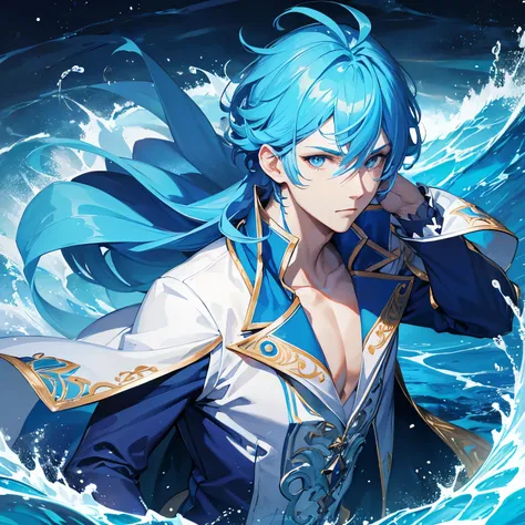 Man, prince of the ocean kingdom, trident, godlike, blue hair, blue eyes, elegant, cool, cool, high image quality