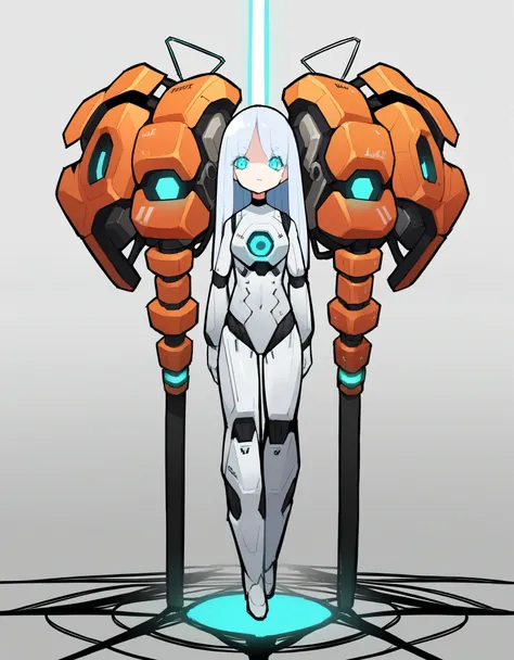 score_9, score_8_up, score_7_up, score_6_up, score_5_up, score_4_up, source_anime, BREAK solo, android female,pale_skin, long_hair, white_hair,blue_eyes, standing, curvy,glowing_eye, incubation vat, steam, cables in the _background