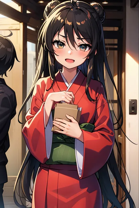 Shana,灼眼のShana,Long Hair, Redhead, Red eyes,Ahoge,smile,blush,Open your mouth,Hair Bun, single Hair Bun,blush,Red Kimono,Thick sleeves,Red long skirt,日本のfestival,夏festivalの屋台,Red lantern,　　　　　　　　　　　break looking at viewer, Upper Body,  　　　　　　　break outdoor...