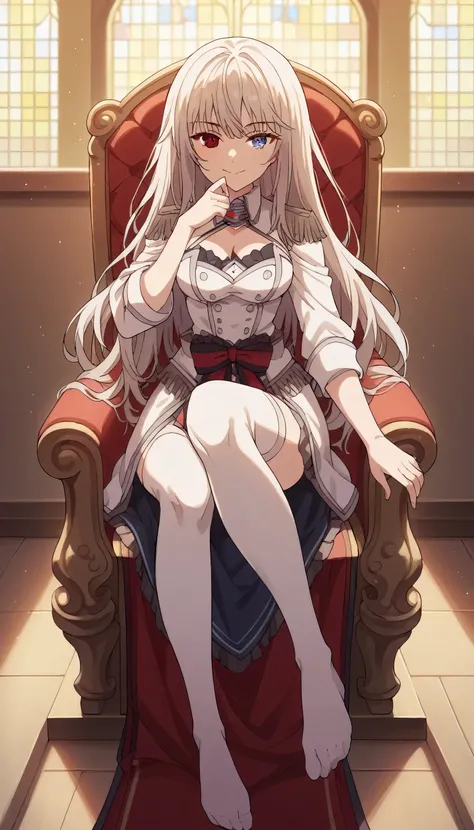 1girl, solo, full length, long hair, loose hair, medium breasts, looking at viewer, legs, hand, bangs, smile, heterochromia, red eyes, blue eyes, sitting, arrogant smile, legs, stockings, cleavage, indoors, on the throne, closed mouth, heterochromia, cross...