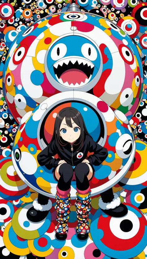 in style of Takashi Murakami, character concept design, legs，fullbdoy shot,(((oversize leg warmers))),wide angle, form below,oversize clothes,leaning forward,pointing at viewer，sit on the edge of the tank