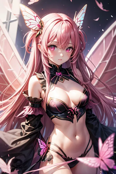 Long pink hair，Pink eyes，Girl，Butterfly wings