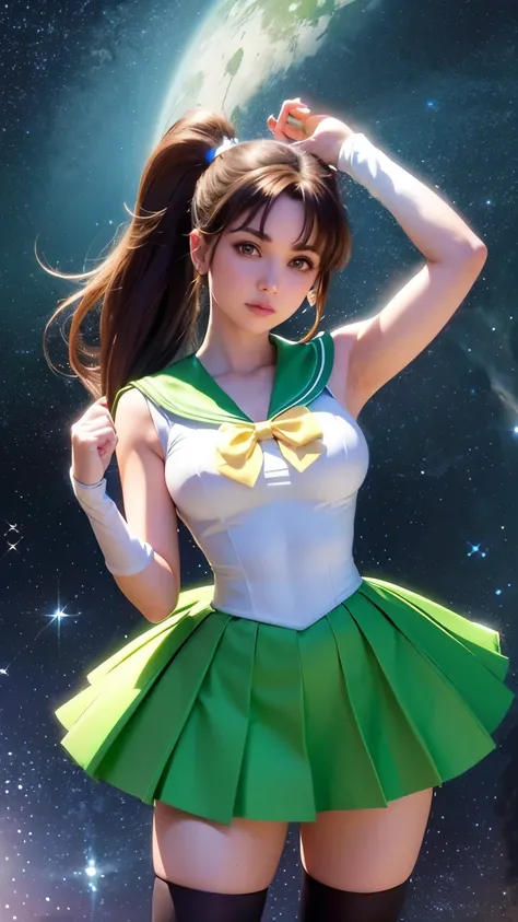 A detailed and vibrant image of a character similar to Makoto Kino from Sailor Moon, standing in an iconic pose with a background of a starry night sky. She is wearing a classic sailor suit with a white bodice, green skirt, black stockings, and green ribbo...